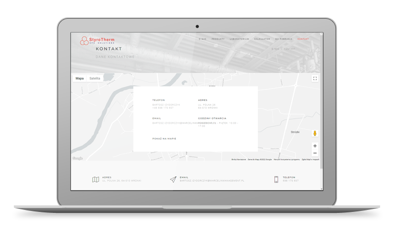 Strona kontaktowa wraz z identyfikacją zakładu na mapie Google